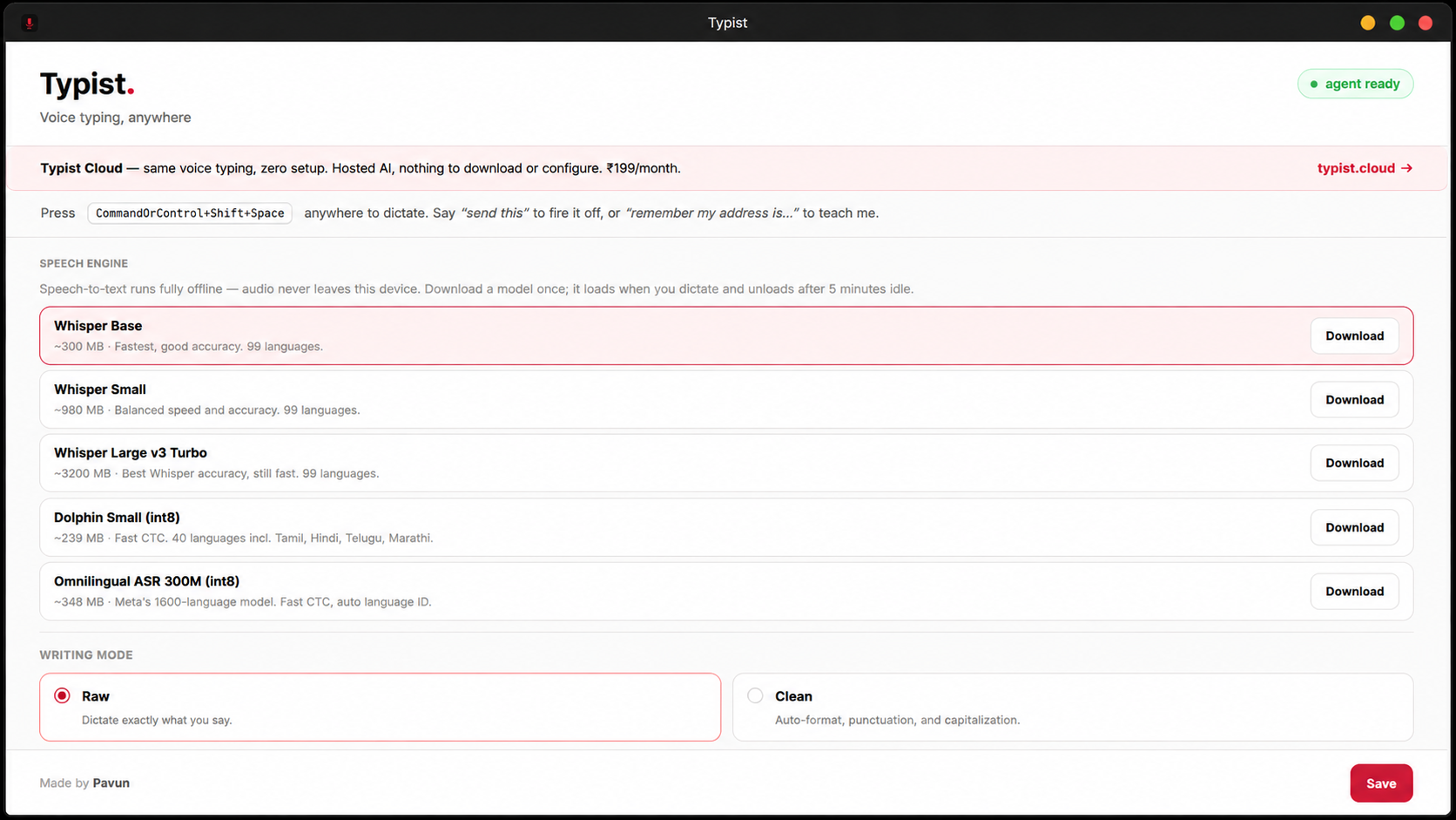 Typist in action — press the hotkey, speak, and polished text lands at your cursor